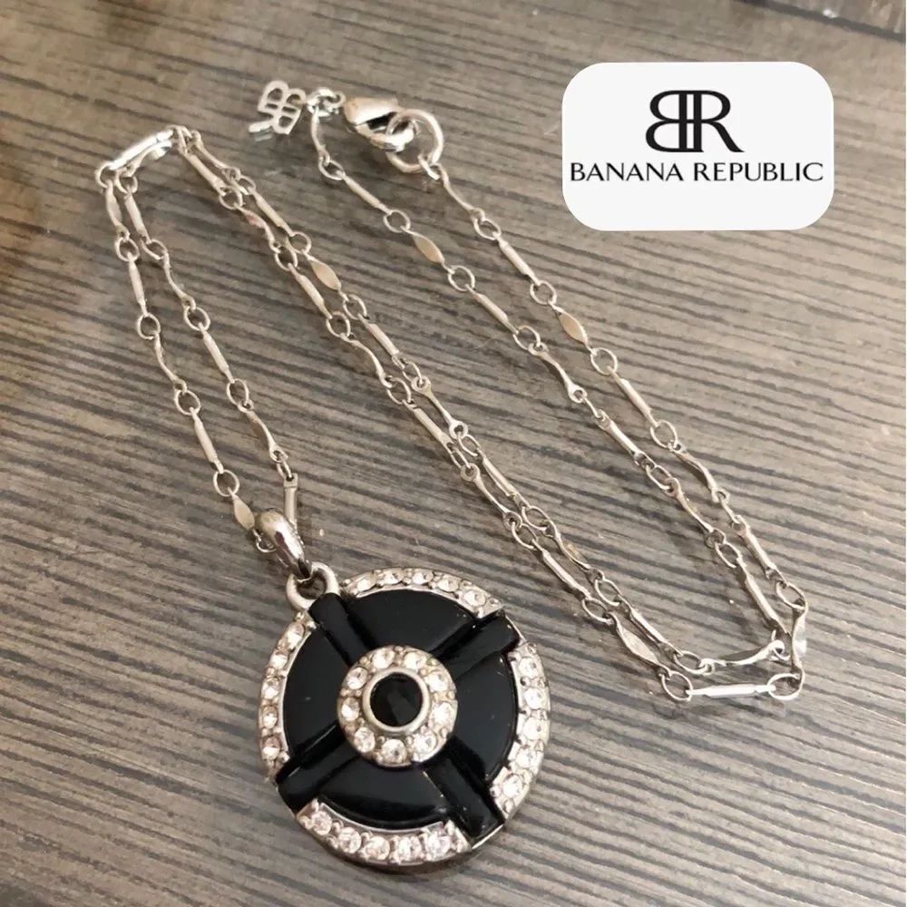 Banana Republic Silvertone Chain with Round Faux Onyx & Rhinestone Pendant